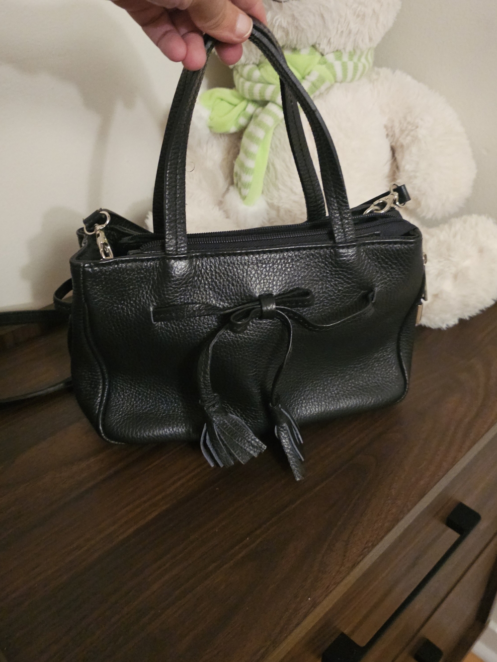 Black Pebbled Leather Bow-Accent Shoulder Bag